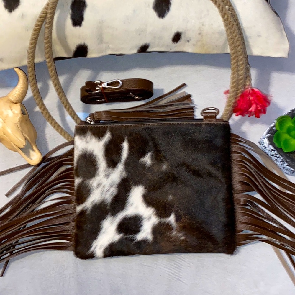 New Handmade Real Cowhide Leather Crossbody Purse Handbag Hair On With Fringes